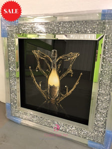 Don Perignon Sparkle Champagne wall art in a Diamond Crush Mirror frame 60cm x 60cm - Outlet Wall Art