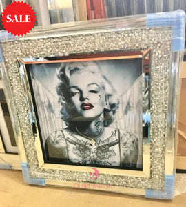 Monroe Tattoo Glamour sparkle  wall art in a Diamond Crush Mirror frame 60cm x 60cm - Outlet Wall Art