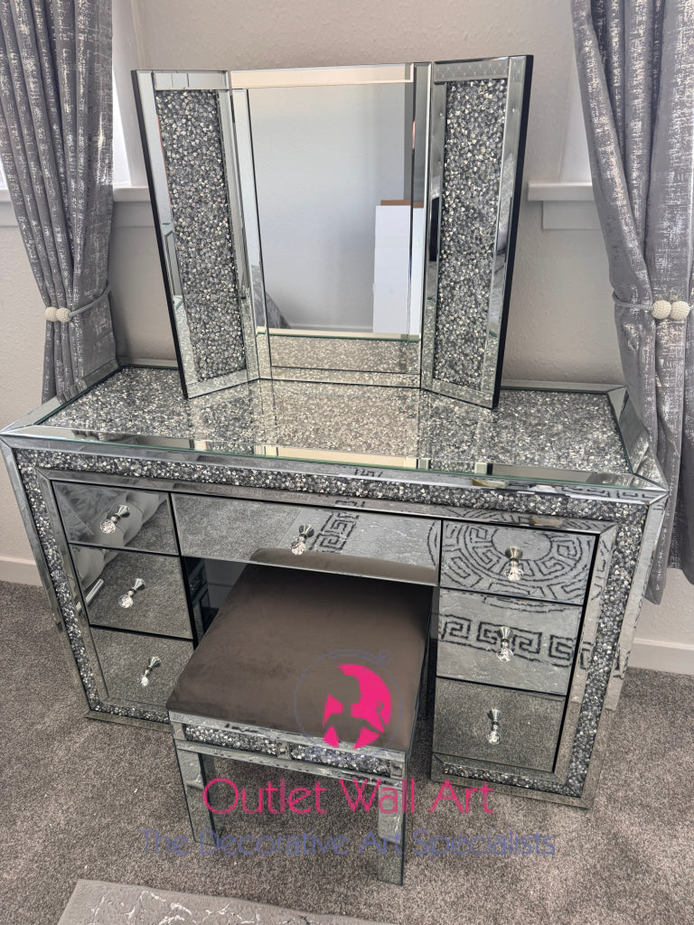 Drawer diamond Crush Silver Dressing Table ?& Tri Fold Mirror