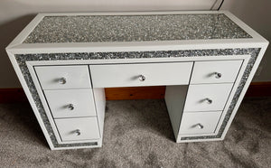 7 Draw diamond Crush Silver Top and Border Dressing Table In White in stock