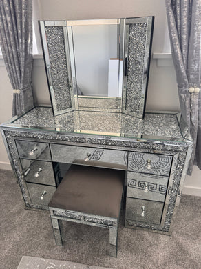 7 Draw diamond Crush Silver Top & Border Dressing Table + Stool + tri fold mirror out of stock until late January 2025