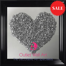 Heart Cluster Wall Art in Silver on a Silver Mirrored Background 75cm x 75cm - Outlet Wall Art