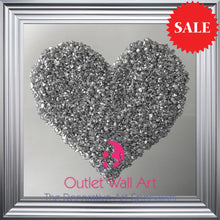 Heart Cluster Wall Art in Silver on a Silver Mirrored Background 75cm x 75cm - Outlet Wall Art
