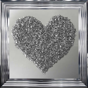 Heart Cluster Wall Art in Silver on a Silver Mirrored Background 75cm x 75cm