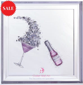 3d Champagne Bottle Wall Art in Pink in a Chrome Silver Frame - Outlet Wall Art
