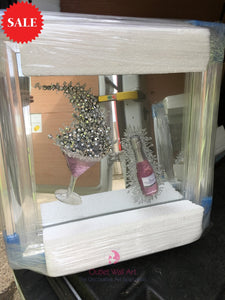 3d Champagne Bottle Wall Art in Pink in a Chrome Silver Frame - Outlet Wall Art