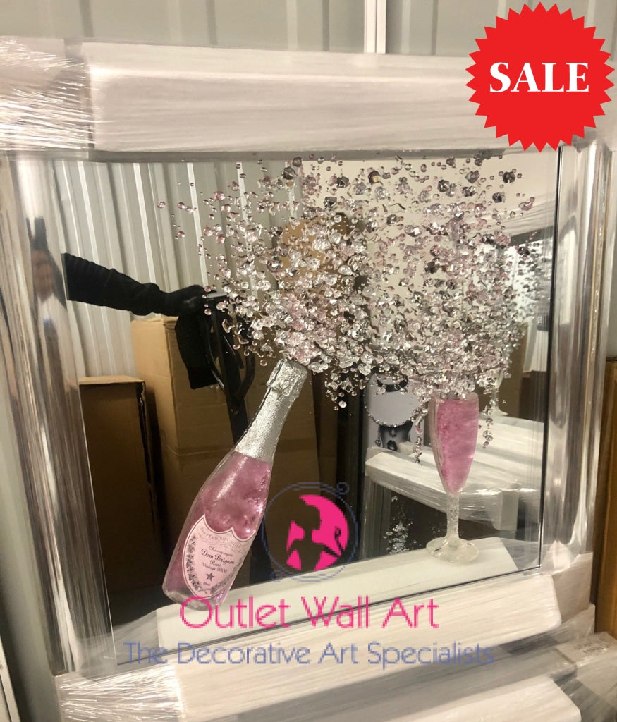 3d Champagne Dom Perignon Pink or Silver Bottle Wall Art in in a Chrome Silver Frame 75cm x 75cm - Outlet Wall Art