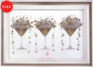 3d Cocktail Cups Wall Art x 3 in Gold in a Brushed Gold Frame - Outlet Wall Art