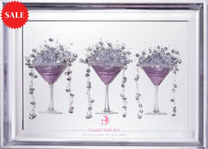 3d Cocktail Cups Wall Art x 3 in Pink in a Silver Chrome Frame - Outlet Wall Art