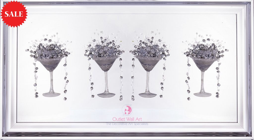 3d Cocktail Cups Wall Art x 4 in Silver / Blue in a Chrome Silver Frame - Outlet Wall Art