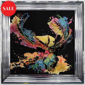 Colourful Stag on Black Wall Art 75cm x 75cm - Outlet Wall Art