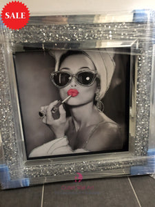 Glamour Lady Pose sparkle wall art in a Diamond Crush Mirror frame 60cm x 60cm - Outlet Wall Art
