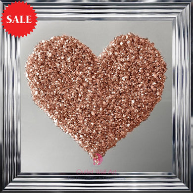 Heart Cluster Wall Art in Rose Gold on a Silver Mirrored Background 75cm x 75cm - Outlet Wall Art