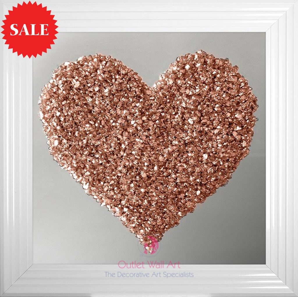 Heart Cluster Wall Art in Rose Gold on a Silver Mirrored Background 75cm x 75cm - Outlet Wall Art