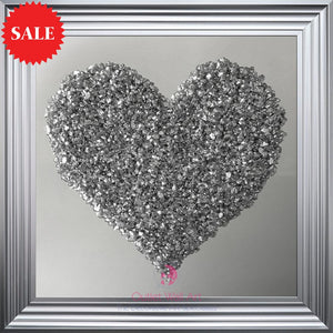 Heart Cluster Wall Art in Silver on a Silver Mirrored Background 75cm x 75cm - Outlet Wall Art