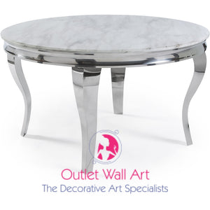 Louis Grey Marble Round Dining Table 130cm dia with 4 Light Grey Silver ring Back dining Chairs - Outlet Wall Art