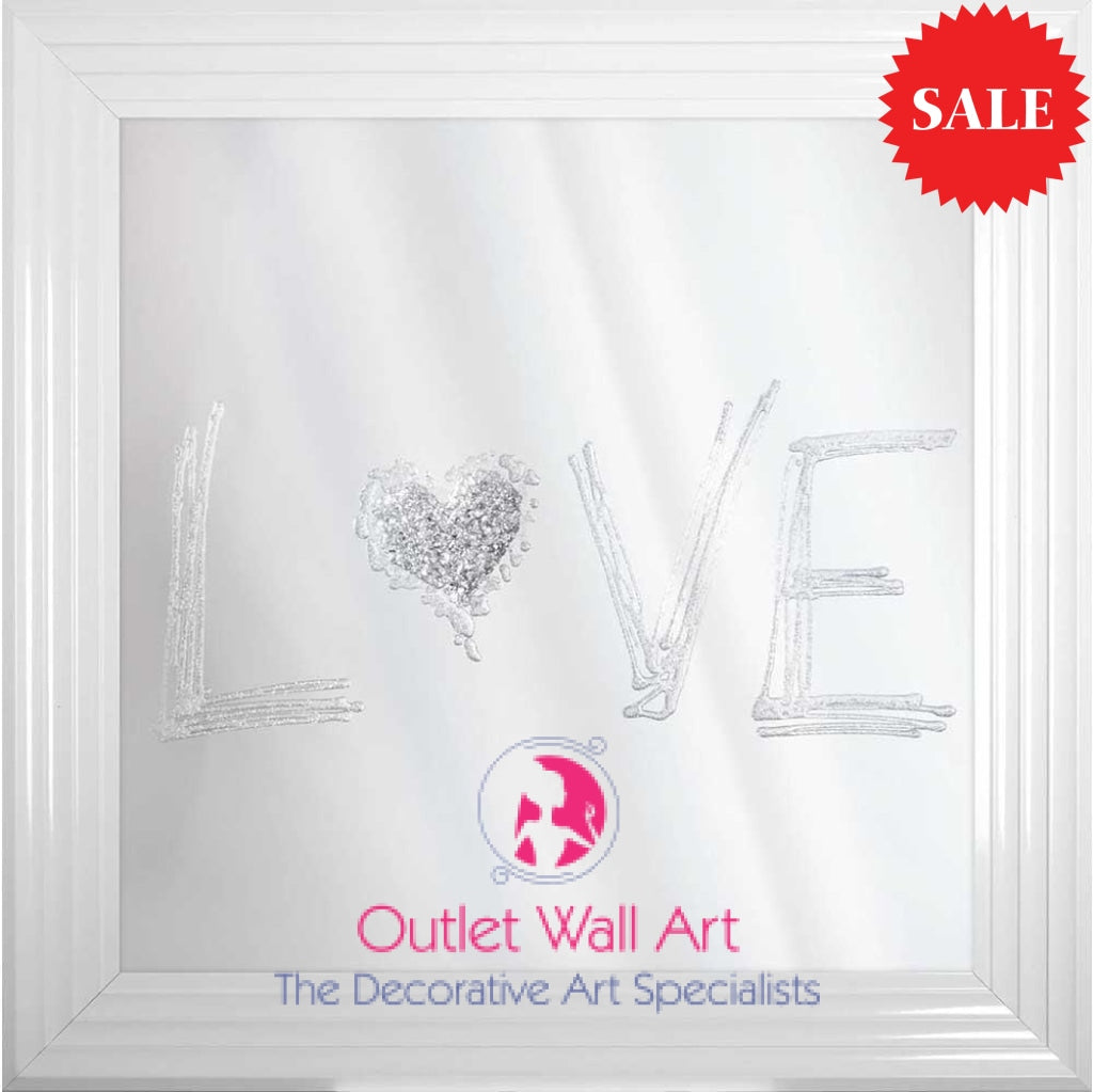 Mirror Love Wall Art in Silver on a Silver Mirrored Background 75cm x 75cm - Outlet Wall Art