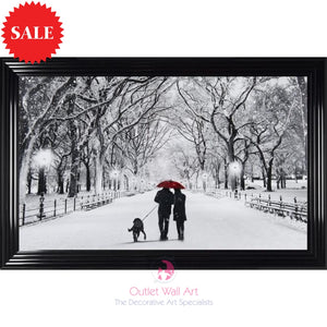 Winter Walk Couple and Dog Framed Wall Art | 114cm x 74cm - Outlet Wall Art